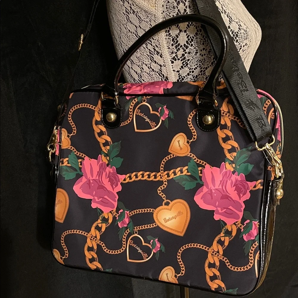 Betsey Johnson Black and Pink Floral Laptop Bag